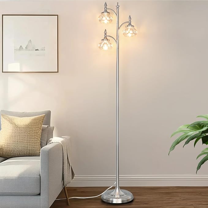 JUNNAI Brushed Nickel Floor Lamp 66.5'' Tall Standing Lamp Dimmable Tree Floor Lamps with 3 LED Lights Glass Shades Silver Lamp for Living Room Bedroom Office(3 Bulbs Included)