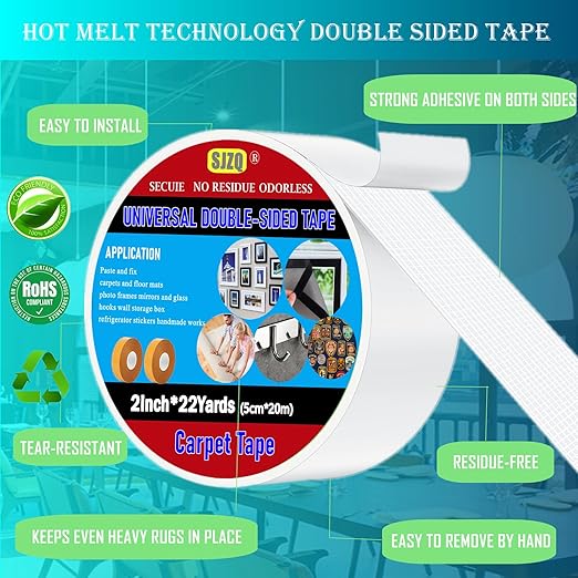 SJZQ Double Sided Carpet Tape 2 in x 22 yd Heavy Duty - Strong Adhesive for Area Rugs, Mats, Stairs on Hardwood, Tile, Concrete Floors No Residue Removable