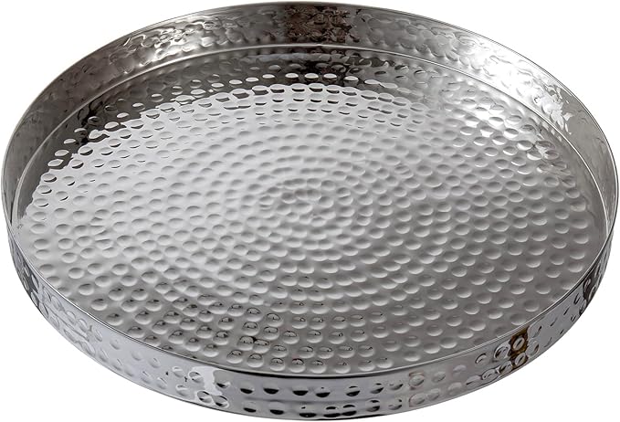 MyGift 11 Inch Silver Round Tray - Hammered Metal Serving Tray & Decorative Silver Platter for Vanity Display - Handcrafted in India