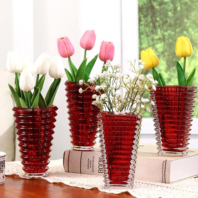 MCMCNCUIU Crystal Flower Vase Set of 4, Glass Vases for Centerpieces, Red Vases for Flowers, Small Vase for Living Room, Bedroom, Kitchen, Office, Wedding