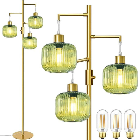 LVYE Modern Floor Lamp with Green Glass Shade, Dimmable Gold Standing Lamp, Mid Century 3 Lights Tall Lamp, Vintage Retro Floor Lamps for Living Room,Bedroom, 3×6W Bulbs Included