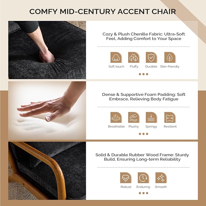 VINGLI Chenille Mid-Century Modern Accent Chair, Cute Reading Arm Chair with Cushion & Lumbar Pillow & Solid Wood Frame for Lounge, Living Room, Reading Room, Bedroom, Black