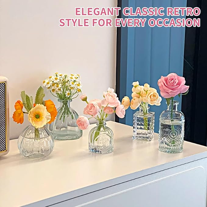 KUAGUINZUHE 12 Pcs Glass Bud Vase Set, Small Clear Vintage Flower Vases for Wedding Centerpieces in Bulk, Mini Embossed Vases for Home Table Decor, Party, Baby Shower Decorations