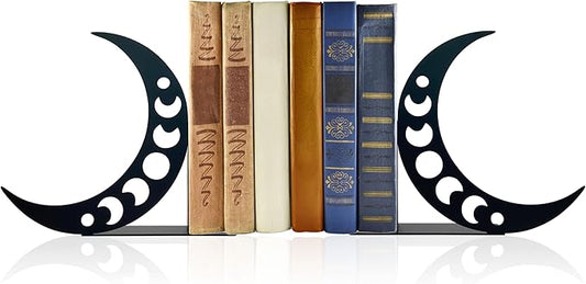 Moon Metal Bookends Moon Phase Decor Moon Book Ends for Shelves Bookshelf Decorative Objects Home Office Desk Bookshelf Decor Nice Gifts for Moon Phase Lovers, Black