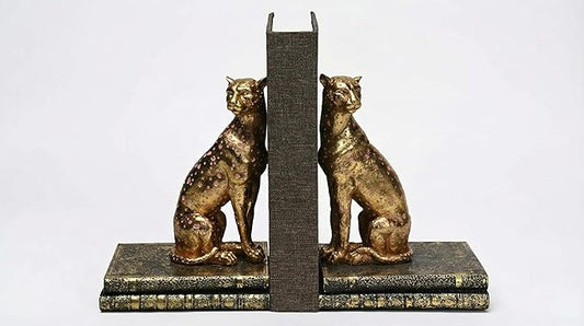 Comfy Hour Gold Cheetah Decorative Bookends, Unique Leopard Wildlife Art Book Ends for Shelves, Heavy Duty Resin Animal Statues for Books, 1 Pair