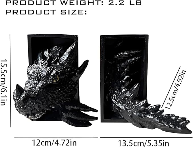 Dragon Bookshelf Decor Gothic Fantasy Bookends Black Animal Statues for Shelves Book Lovers Gifts Unique Resin Shelf Holder Set (10"*6.1"*4.9") Home Office Decorative