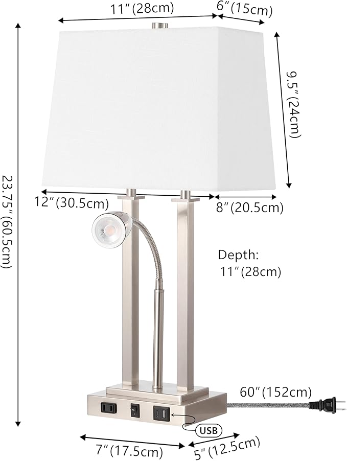 JONATHAN Y JYL1144C Blaire 23.75" 2-Light Modern Farmhouse Metal LED Table Lamp with USB Charging Port for Bedroom, Living Room, Office, Adjustable Reading Light and AC Outlet, Nickel