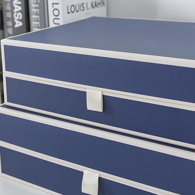 Soul & Lane Decorative Cardboard Storage Boxes with Lids - Set of 2, Memory Boxes for Keepsakes, Home Office Photo Storage for Pictures, Photo Albums, Documents, Stationery, Heritage Blue