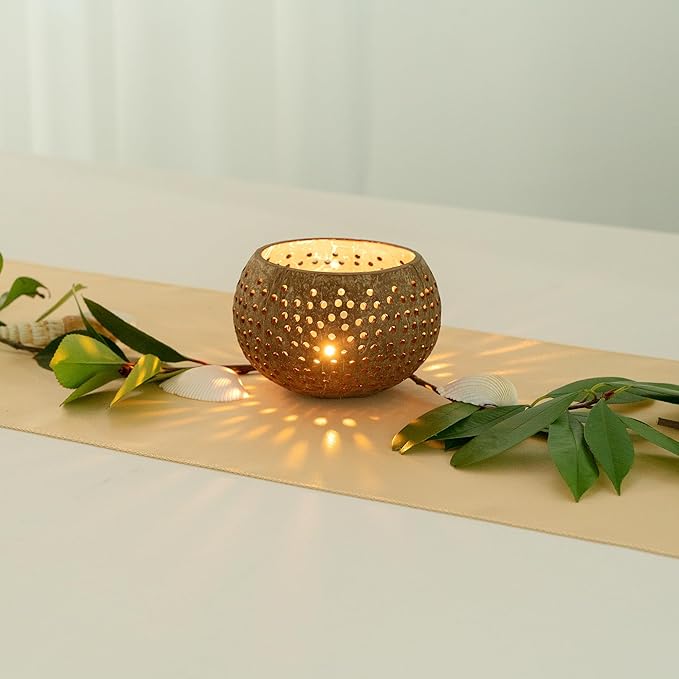 Restaurantware-Coco Casa 4 x 3.3 Inch Coconut Shell Candle Holders, 10 Reusable Tealight Holders - Candle Not Included, Dotted Pattern, Brown Coconut Bowls For Candles, Handcrafted,