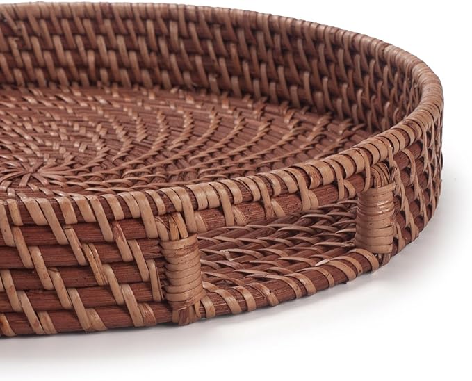 13.8 inch Rattan Tray, Round Wicker Tray with Cut-Out Handles, Woven Serving Tray for Dining/Coffee Table