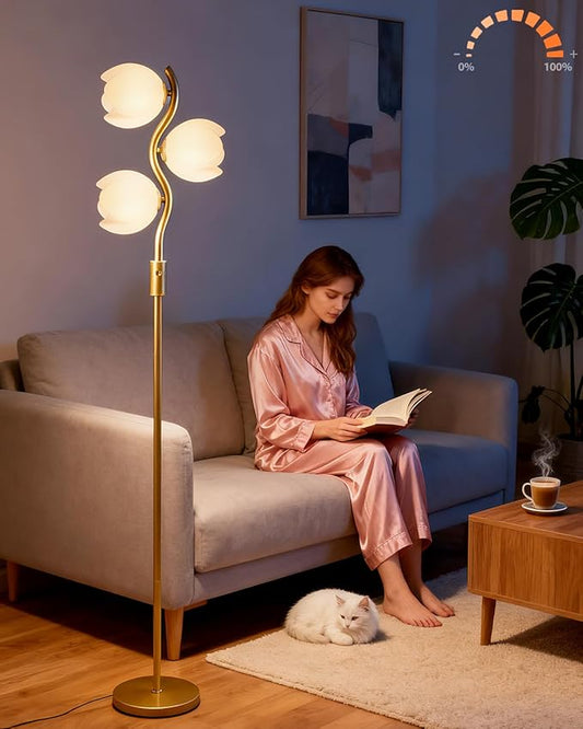 Lightdot 62IN Gold Floor Lamp Stepless Dimmable Bud-Shaped Floor Lamps with 3Pcs 3000K G9 Bulbs Eye-Friendly Mid Century Standing Lamps with Stable Base for Living Room/Bedroom/Corner/Office