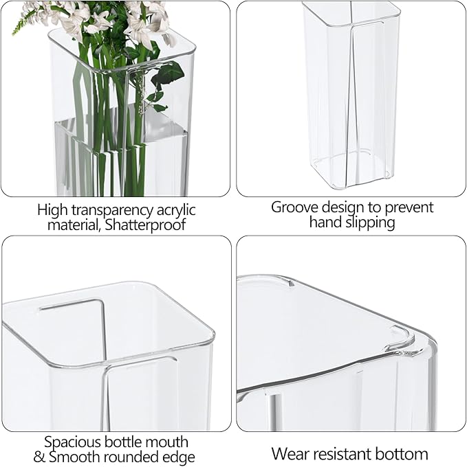 Teyyvn 6 Pack Acrylic Flower Vases for Centerpieces, 9 Inch Clear Plastic Square Vases for Flowers, Home Table Wedding Décor