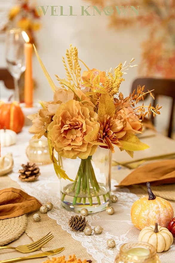 WELL KNOWN Artificial Flowers in Glass Vase, Orange Wrist Gold Silk Rose Peony Flower Bouquet with Fake Water for Fall Winter Home Dinning Table Wedding Christmas Party Lavatory Kitchen Decor & Gift