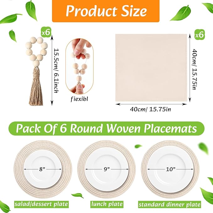 6 Sets Boho Place Mats Set Round Woven Placemats, Cloth Napkins, Wood Bead Napkin Rings, White Table Runner with Tassel and Farmhouse Rustic Placemats Cotton Burlap for Kitchen Table (Style 2)