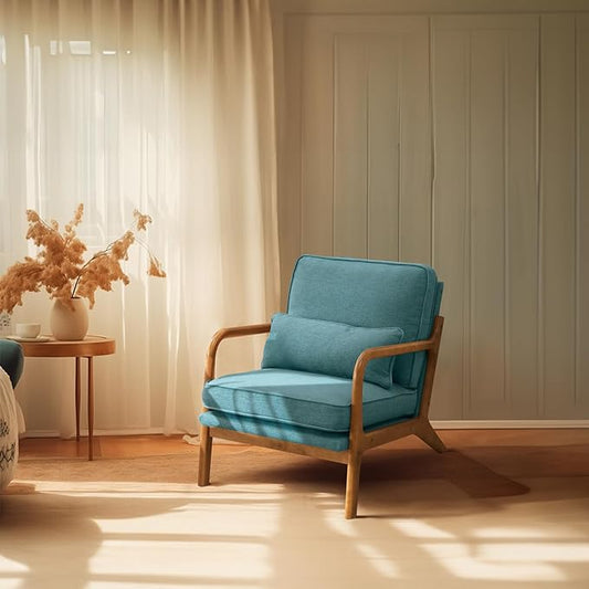 Bonnlo LinenTeal Mid Century Modern Accent Chair, Soild Wood Padding Lounge Armchairs Side Sitting Chairs for Living Room, Bedroom, Guest Room