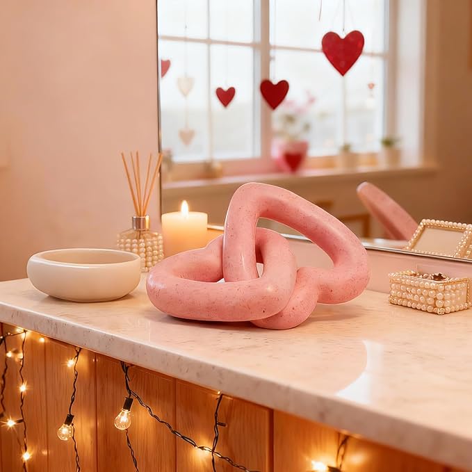 Guichifun Valentines Day Decor Couple Gifts - Resin Pink Heart Sculpture Chain Link Home Decor Love Statues Anniversary Wedding Romantic Gifts 8 x 7 x 5.5 Inch