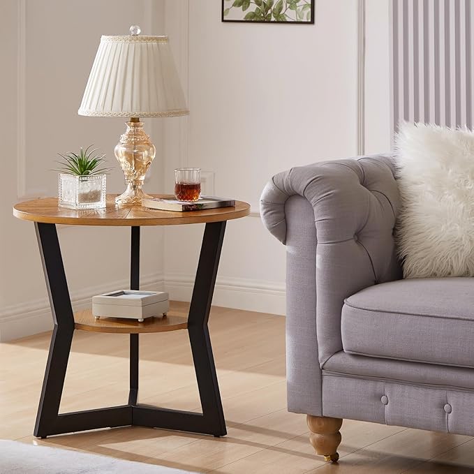 End Table, Round Wood End Table for Living Room with 2-Tier Table Top with Storage Rack, Metal Leg Triangle Support Design, Home Furniture, 25 x 25 x 24 in