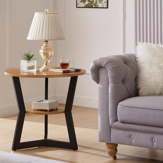 End Table, Round Wood End Table for Living Room with 2-Tier Table Top with Storage Rack, Metal Leg Triangle Support Design, Home Furniture, 25 x 25 x 24 in