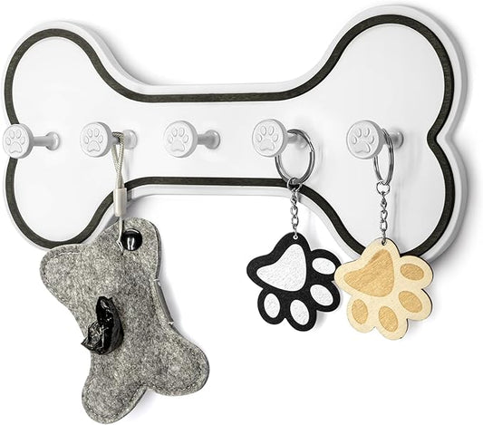 MTERSN Modern Farmhouse Dog Leash Holder for Wall - Decorative Key Hooks Wall Mount with Bone Shape and Coat Hanger for Entryway - Pets Accessories Storage for Dog Lover Gifts (Black & White)