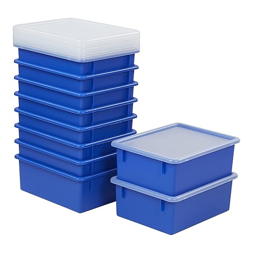 ECR4Kids Letter Size Deep Tray with Lid, Storage Bin, Blue, 10-Piece