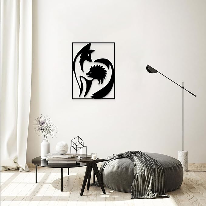 GlintHome Black Metal Wall Art - Fox and Hedgehog Cute Silhouette Wall Decor for Bathroom Bedroom Living Room Home Decor