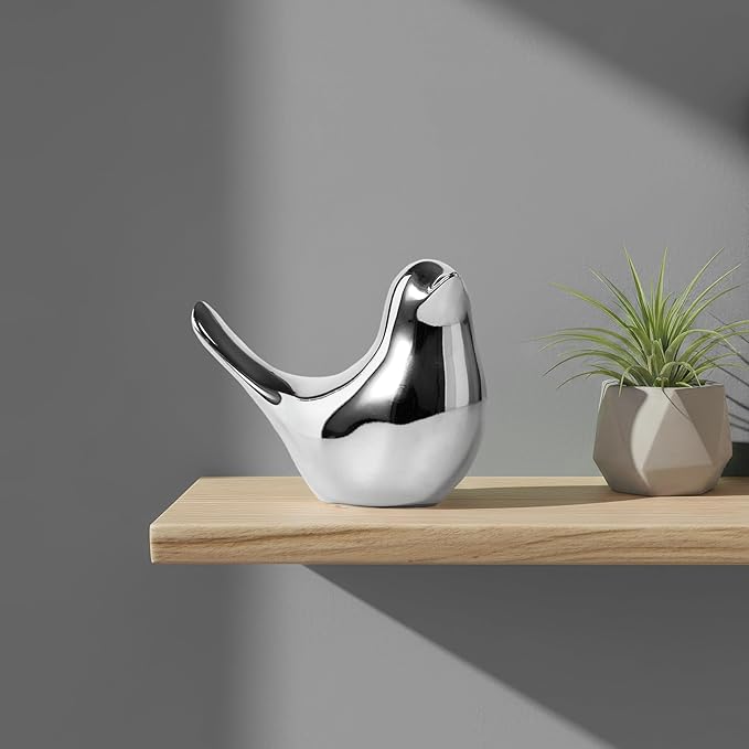 Large Silver Bird Statue – Modern Metallic Sculpture for Living Room, Mantel, Tabletop, Shelf, Console, Entryway, Fireplace Décor, Contemporary Home Accents, Stylish Interior Ornament