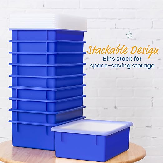 ECR4Kids Letter Size Deep Tray with Lid, Storage Bin, Blue, 10-Piece