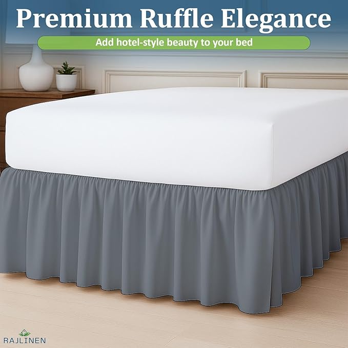 Rajlinen Ruffled Bed Skirt California King, 12 Inch Drop Dust Ruffle with Split Corners, 100% Microfiber Bedskirt with Platform, Three-Sided Coverage Ruffled Gathering Design, Dark Grey
