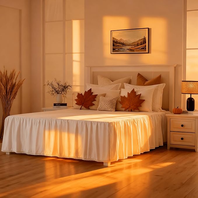 Vlocemon - Queen Size 18" Drop - White Lightweight Cotton Bed Skirt with Crochet Edge - Dust Ruffle Whth Split Corner - Soft, Elegant, Breathable Bedding Accessory