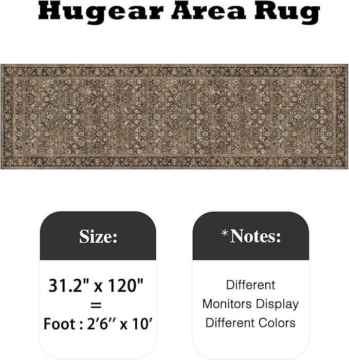 HUGEAR 2'6''x10 Runner Rug Machine Washable Brown Hallway Area Rug Indoor Accent Rug Floral Low Pile Carpet Soft Throw Rug Bedroom Living Room Office Dining Room Kitchen Laundry Room Non Slip