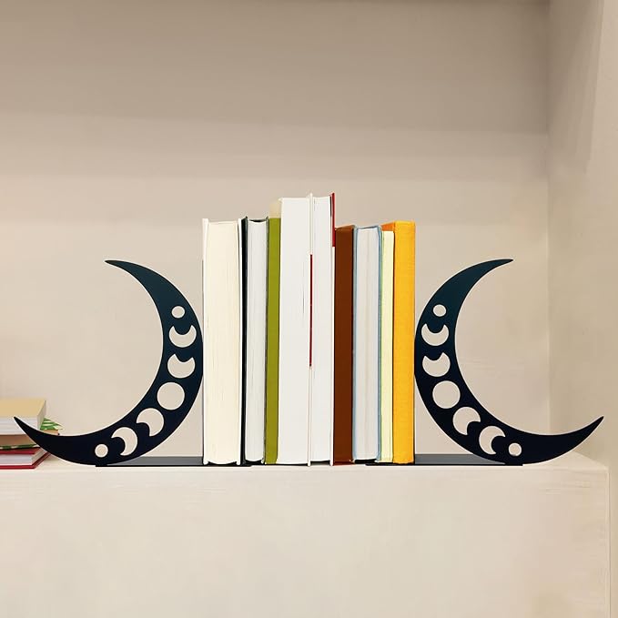 Moon Metal Bookends Moon Phase Decor Moon Book Ends for Shelves Bookshelf Decorative Objects Home Office Desk Bookshelf Decor Nice Gifts for Moon Phase Lovers, Black