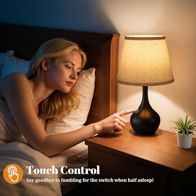 Seealle Touch Table Lamps for Nightstand Set of 2, 3-Way Dimmable Small Bedroom Lamps for Night Stands, Black Bedside Lamps for Living Room, Kids Room, End Table(LED Bulbs Included)