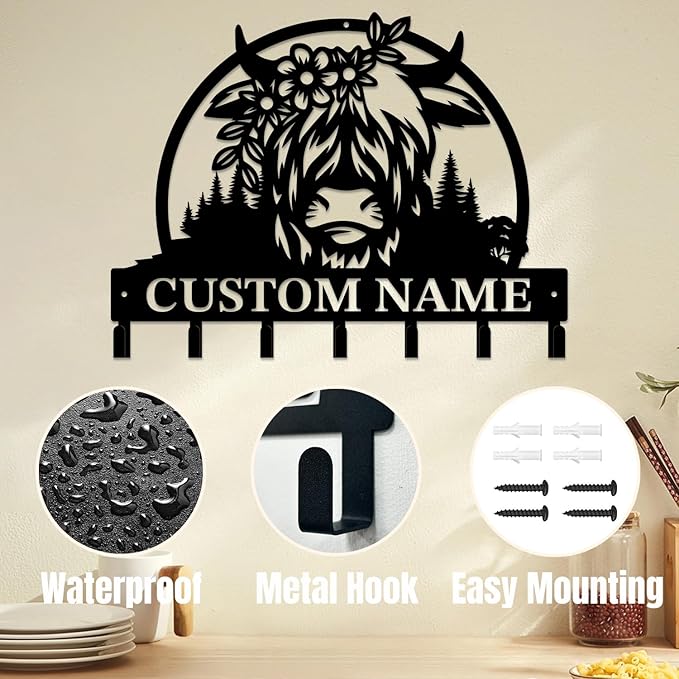 magilab Personalized Custom Highland Cow Wall Hooks,Metal Highland Cow Art Clothes Hooks,Metal Highland Cow Wall Home Storage Decorative,for Front Door, Hallway, Kitchen, Bedroom,Keys,Hats (Style N)