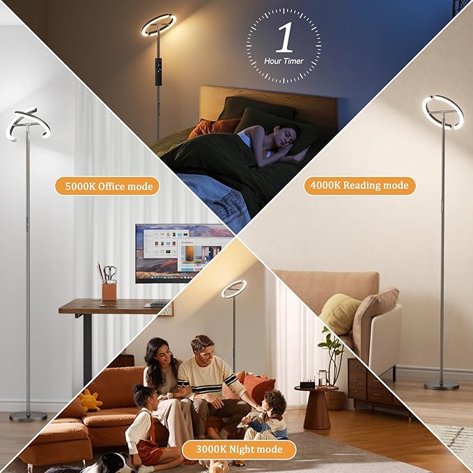 PreeOtti Floor Lamps for Living Room, 40W/2400LM LED Floor Lamp with Touch & Remote Control, 70" Tall Standing Lamp Stepless Dimmable, Modern Torchiere Corner Lamp for Bedroom, Office - Grey