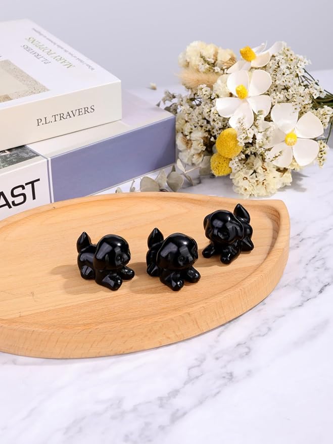 Jovivi Natural Black Obsidian Crystal Lying Dog Statue Home Decor Carved Mini Gemstone Puppy Dog Figurines Pocket Sculpture Reiki Healing Stones Decorative Ornament Gift
