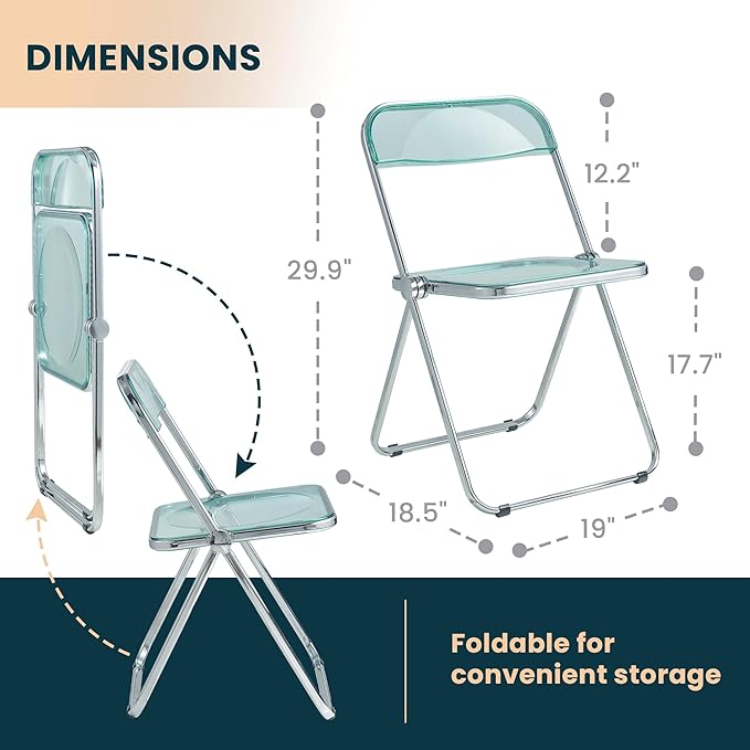 LeisureMod Lawrence Modern Clear Acrylic Folding Chair with Metal Frame, Space-Saving Transparent Seating for Dining Room, Home Office, Bedroom, Vanity or Small Spaces, (Jade Green, Singles)