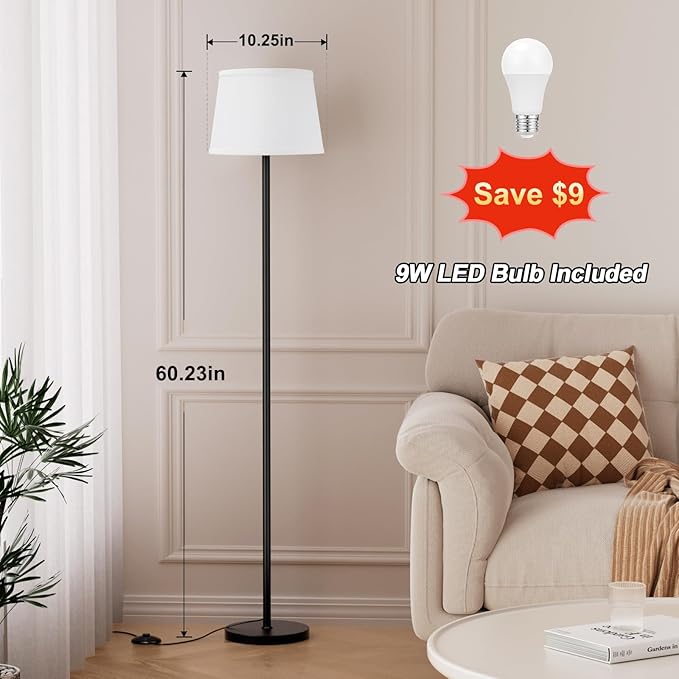 Raexpectis Floor Lamps for Living Room - 3 Color Temperatures Standing Lamp with White Shade, Modern Floor Lamp with LED Bulbs, Black Tall Lamp for Bedroom Office(9W Bulb Included)