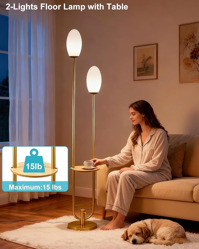 Lightdot Gold Dimmable Floor Lamp with 2 Oval Lampshades, Unique U-Shaped Tall Standing Lamps with Table& Warm White LED Bulbs, Mid Century Modern Floor Lamp for Living Room/Bedroom/Wedding/Party