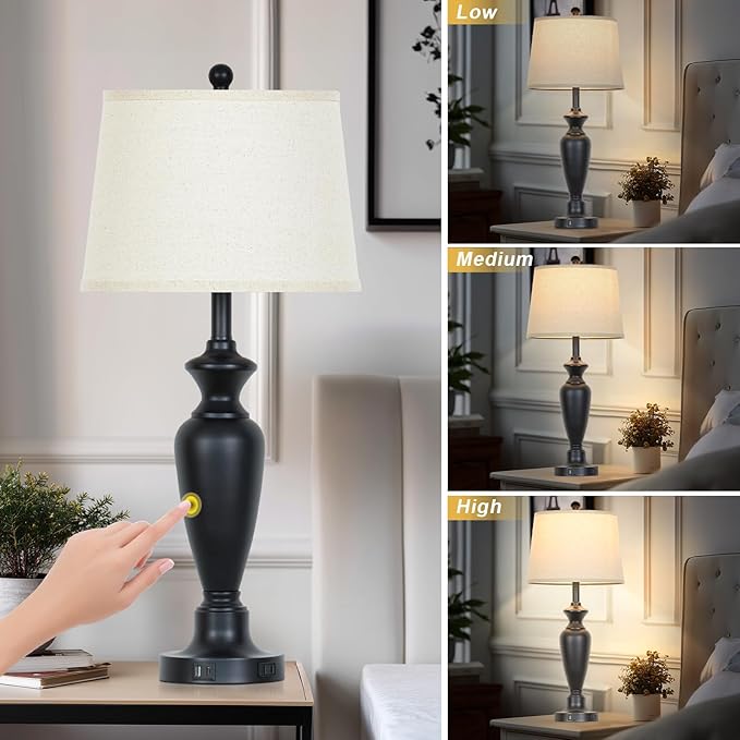 30" Tall Black Table Lamps Set of 2 for Living Room, Touch Control Bedside Lamps for Nightstand, 3-Way Dimmable Bedroom Table Lamp with USB A+C Ports and AC Outlet (2 LED Bulbs Included)