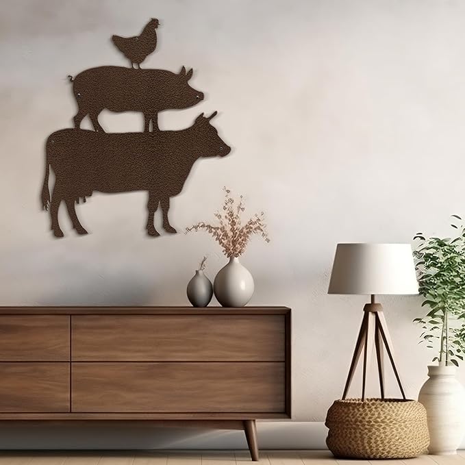 SIGNLEADER Metal Wall Art Decor Chicken, Pig, Cow Minimalist Modern Abstract Wall Sculpture Hangings Home Decoration for Living Room, Bedroom, Bathroom, Kitchen, Outdoor - 18" Bronze