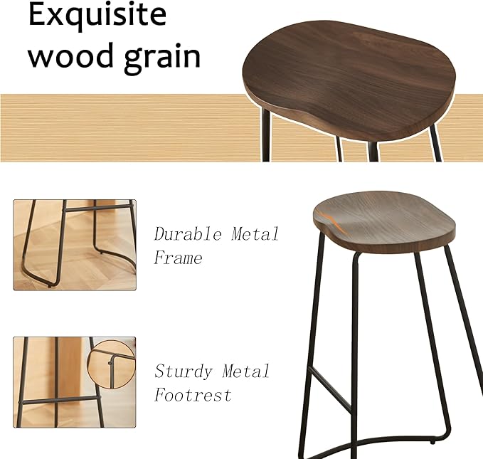 HeuGah Barstools Set of 2, 26" Wood Counter Height Bar Stools, Rustic Backless Bar Stools for Kitchen Island, Bar Chairs with Wood Saddle Seat (Brown, 2 PCS 26Inch Counter Chair)