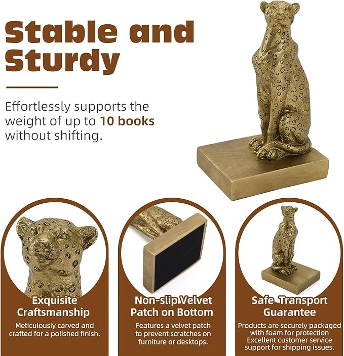 Gold Cheetah Bookends, Book Ends for Shelves to Hold Books Heavy Duty, Creative Resin Book Holders for Home Farmhouse Shelves Office Lover Gift