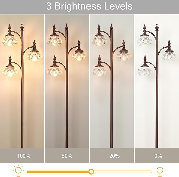 JUNNAI Brown Glass Floor Lamps for Living Room 66.5'' Standing Lamp with 3 Brightness Lights Vintage Mid Century Modern Pole Bronze Tree Lamp for Bedroom Office(3LED Bulbs Included)