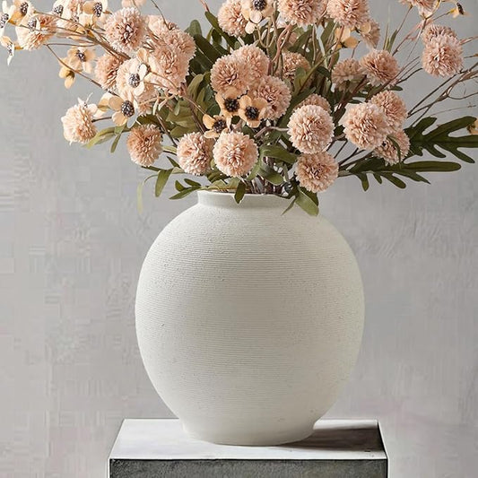 Large White Ceramic Vase, 10.8 inch Round Minimalist Textured Vase, Rustic Farmhouse Decor for Home, Living Room, Shelf, Table, Wedding & Entryway Decoration (Sandstone White)