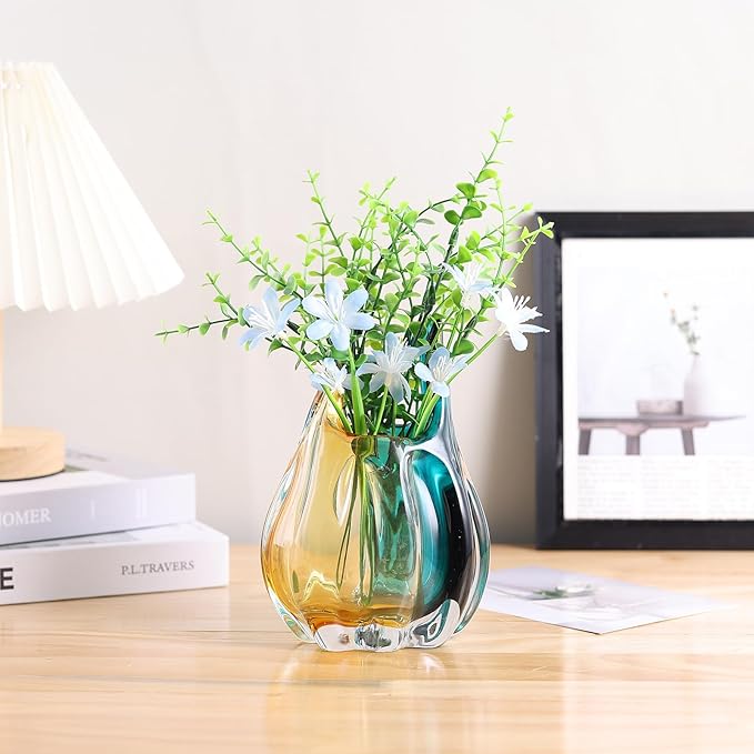 Hand Blown Glass Vase, Medium Wide Mouth Flower Vase Unique Modern Turquoise Glass Art Decor, Nonbreakable Vases for Table Centerpieces Living Room Decorative Amber and Teal Vase