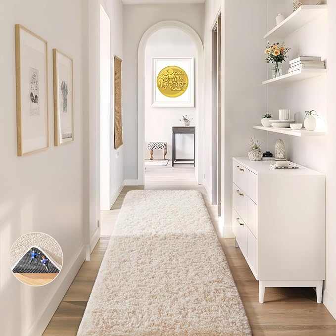 Ophanie 2x8 Runner Rug for Hallway, Upgrade Non-Slip Fluffy Soft Bedside Rugs, Bedroom Living Room Ivory Shaggy Carpet for Kids Girls Boys Dorm Nursery Home Decor Aesthetic