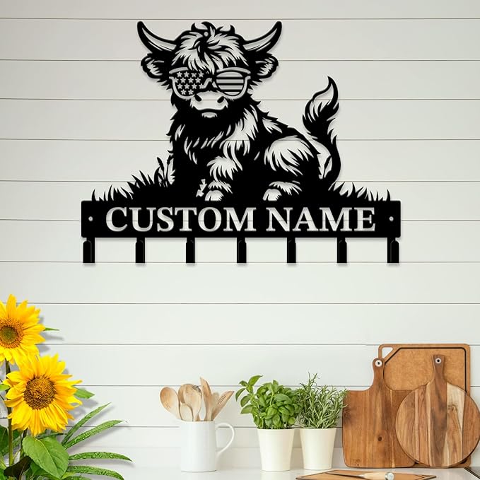 magilab Personalized Custom Highland Cow Wall Hooks,Metal Highland Cow Art Clothes Hooks,Metal Highland Cow Wall Home Storage Decorative,for Front Door, Hallway, Kitchen, Bedroom,Keys,Hats (Style F)