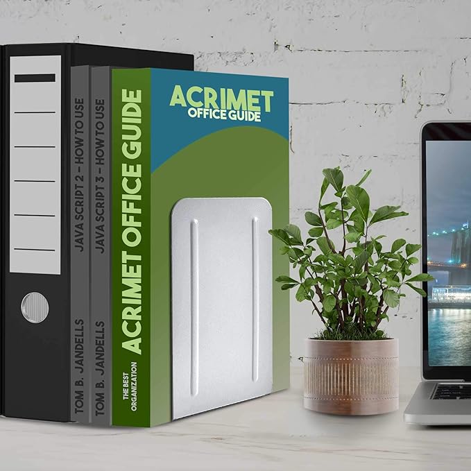 Acrimet Steel Metal Bookends for Shelves, Heavy Duty, for Large Books, 6 7/8" Tall X 4" Wide X 4 1/2" Deep, White Colored, 1 Pair