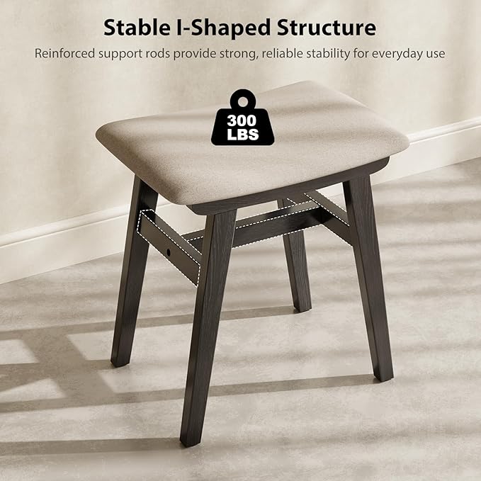 Solid Wood Vanity Stool, Compact Makeup Chair with Saddle Cushion, Linen-Covered High Rebound Sponge Seat, Easy Assembly Footstool for Bedroom, Entryway, Home, Black