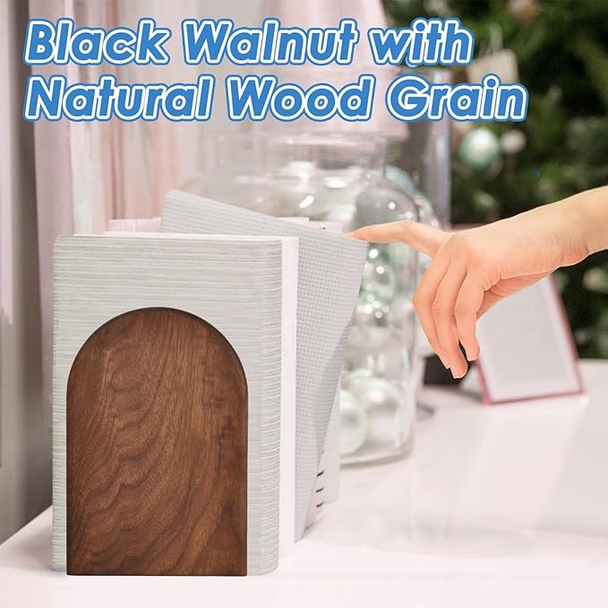 Book Ends, Sturdy Wooden Bookends for Shelves - Heavy Duty Non-Slip Book Organizers, Decorative Bookend Holders for Home Office, Library, Black Walnut Universal Economy Bookend, Medium, 1 Pair
